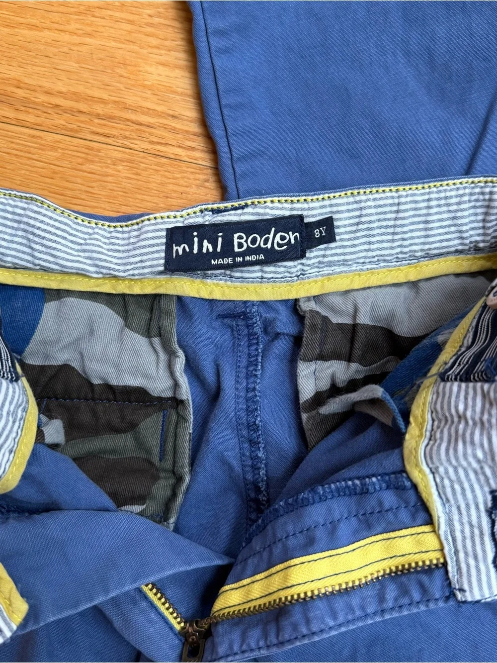 Mini Boden Patch Chino - Size 8 - Blue with camo and seersucker patches